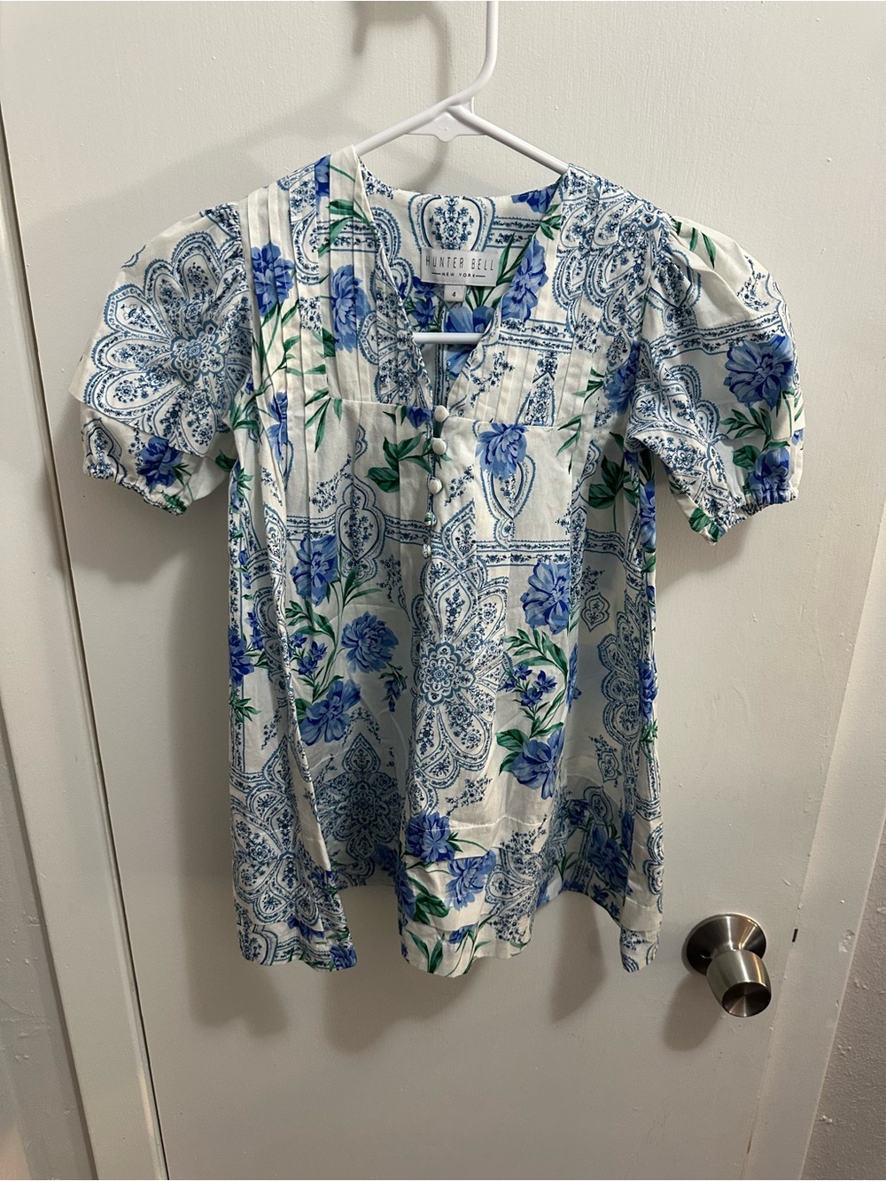 HUNTER BELL White Top with Blue Floral Print and Green Accents